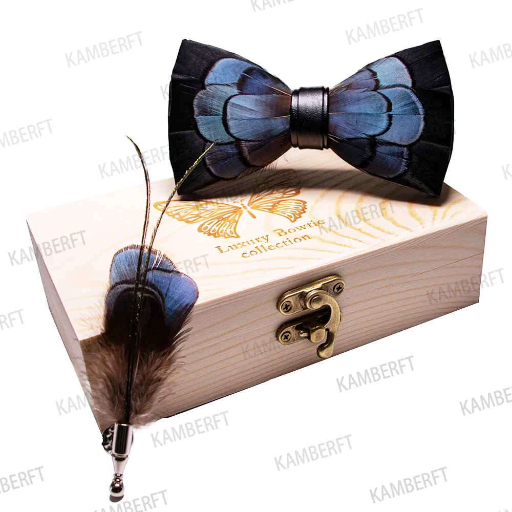 KAMBERFT 67 stijl nieuw ontwerp natuurlijke veer vlinderdas prachtige handgemaakte heren vlinderdas broche pin houten geschenkdoos set voor bruiloft 201291N