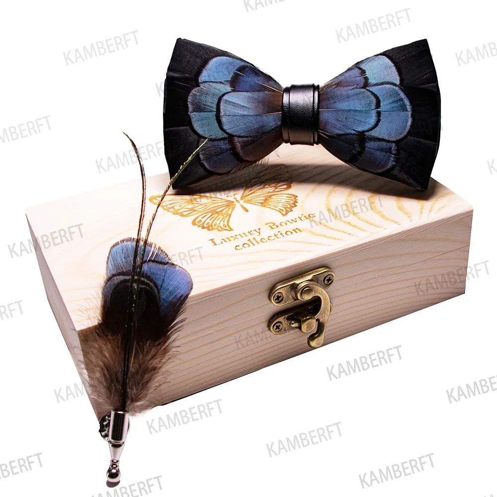 KAMBERFT 67 style New Design Natural Feather Bow tie Exquisite HandMade Mens BowTie Brooch Pin Wooden Gift Box Set for Wedding 201186E