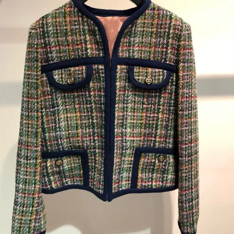Womens Pleid Jacket Tweed Long Sleeve Autumn Winter Ladies Pockets Short Coat 201026