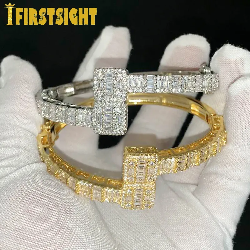 Iced Out Bling Open Square Zircon Charm Bracelet Gold Silver Color Baguette AAA CZ Bngle