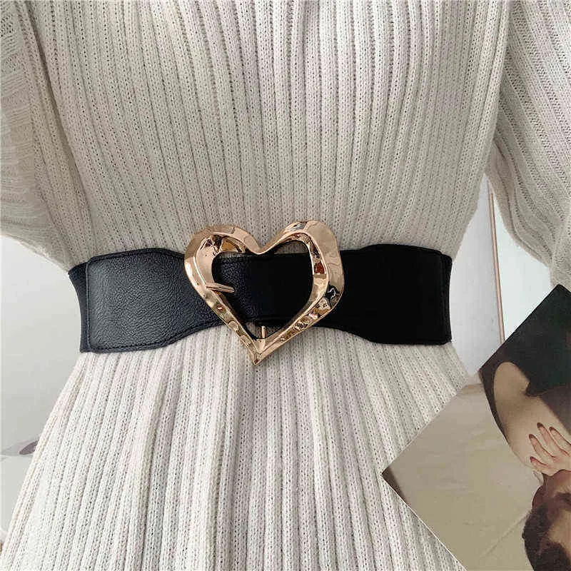 Big Heart Buckle Belts Stretch Black Cummerbunds Dress Coat Solid Wide White Waistbands Skirt Girl Students Party Decorate Gifts G220301