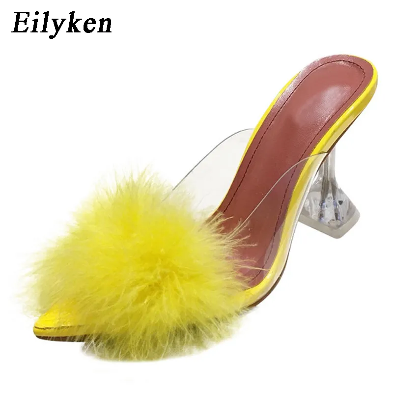 Eilyken Sommer Frau Pumpen PVC Transparent Feder Plexiglas Kristall High Heels Pelz Peep Toe Maultiere Hausschuhe Damen Rutschen Schuhe C0129