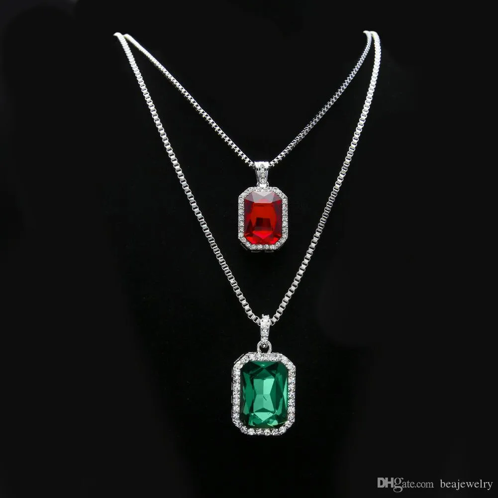 Ruby Necklace Set Silver Gold Plated Iced Out Square Red Ruby Bling Rhinestone Pendant Necklace Hip Hop Jewelry Box Chain