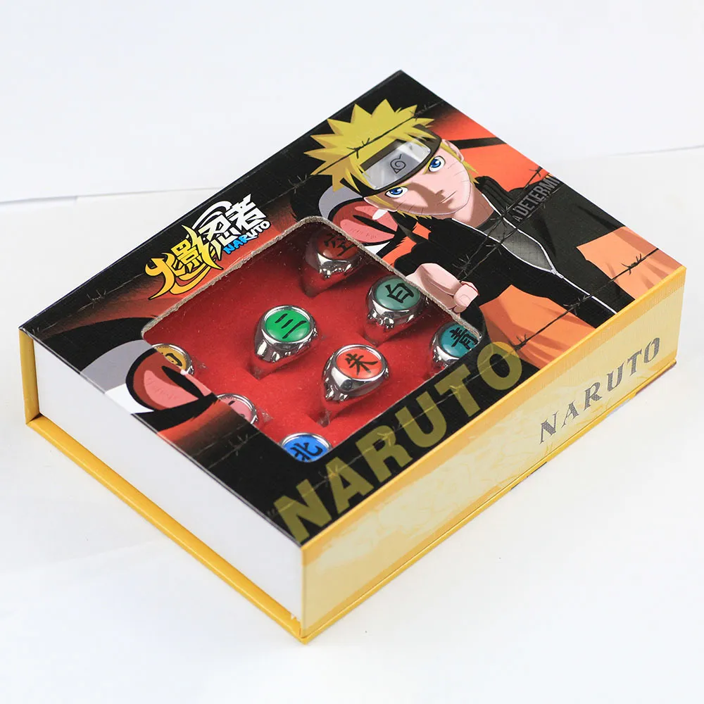 10 stuks Naruto Ringen Akatsuki Uchiha Itachi Orochimaru lid Ring Set in doos Props Gift 210310269O
