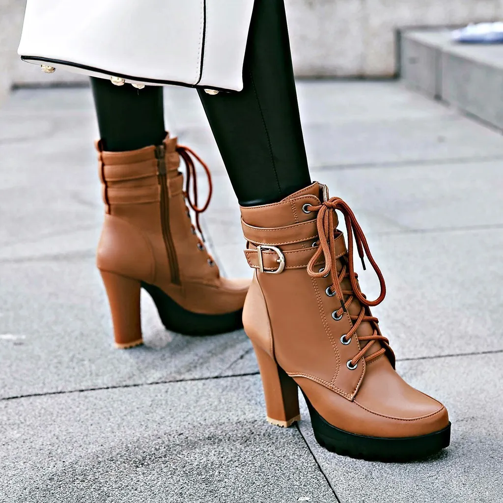 High Heels Women Ankle Boots Lace Up Fall Winter Platform Ladies Boots Large Size Fashion Shoes White Black Brown Y200114