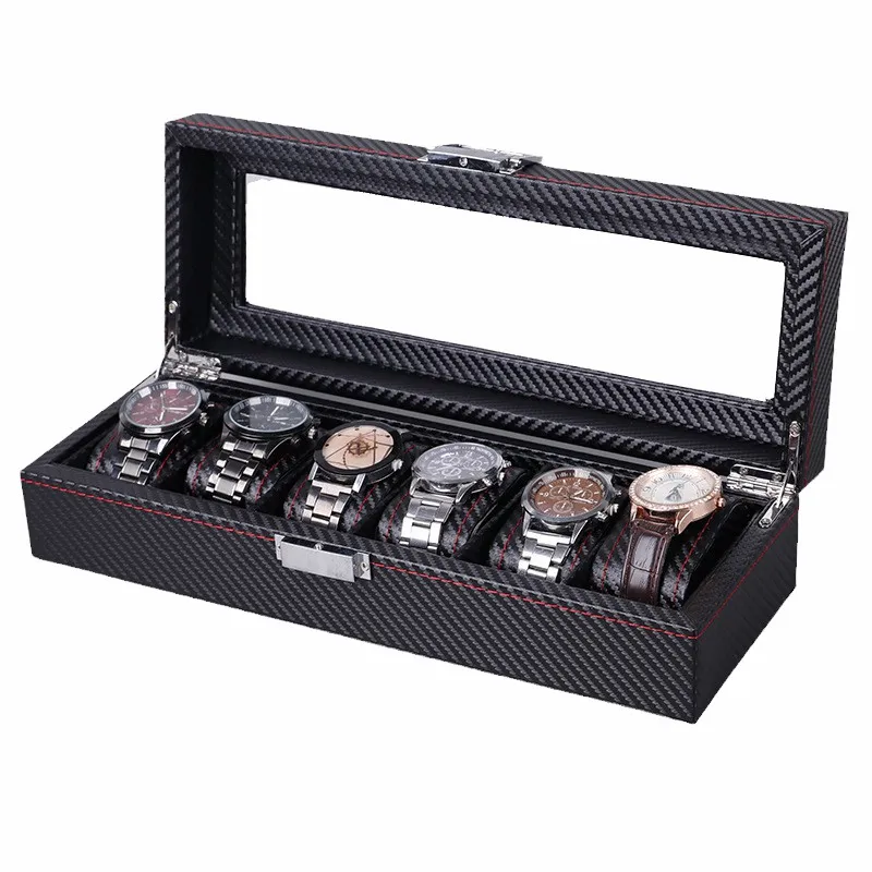 High-end New Lockable Red Sewing Carbon Fiber Black PU Leather Luxury Jewelry Watch Storage Display Packaging Gift Box