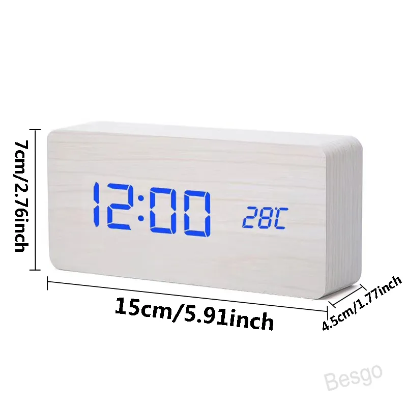 الإبداعية الإلكترونية ساعة الخشب الصمام درجة الحرارة التحكم الصوتي الساعات الرقمية usb خشبية السرير المنبه ديكور المنزل BH4294 TYJ