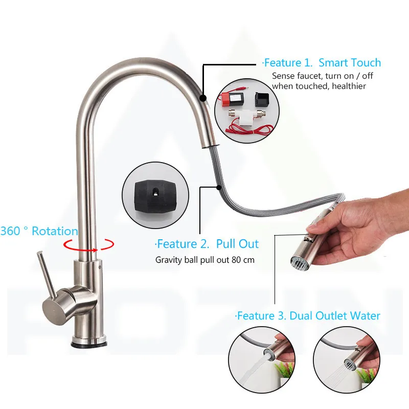 Rubinetto da cucina Rozin Smart Touch Oro spazzolato Poll Out Sensor Rubinetti Nero / Nichel 360 Rotazione Gru 2 Rubinetti miscelatore acqua uscita T200710