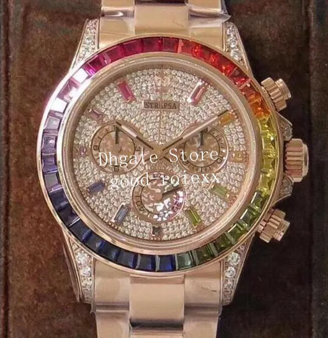 Chrono Eta 7750 Watches Men Automatic Chronograph Watch Men 904L Steel Diamond Dial Dial Crystal Crystal Rose Rainbow 116598 282O