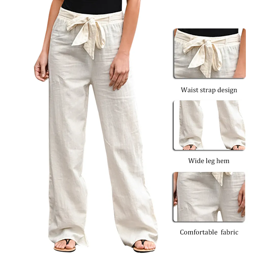 Calofe Couleur unie Bow Sash taille haute jambe large femmes coton lin pantalons longs pantalons lâches 201113