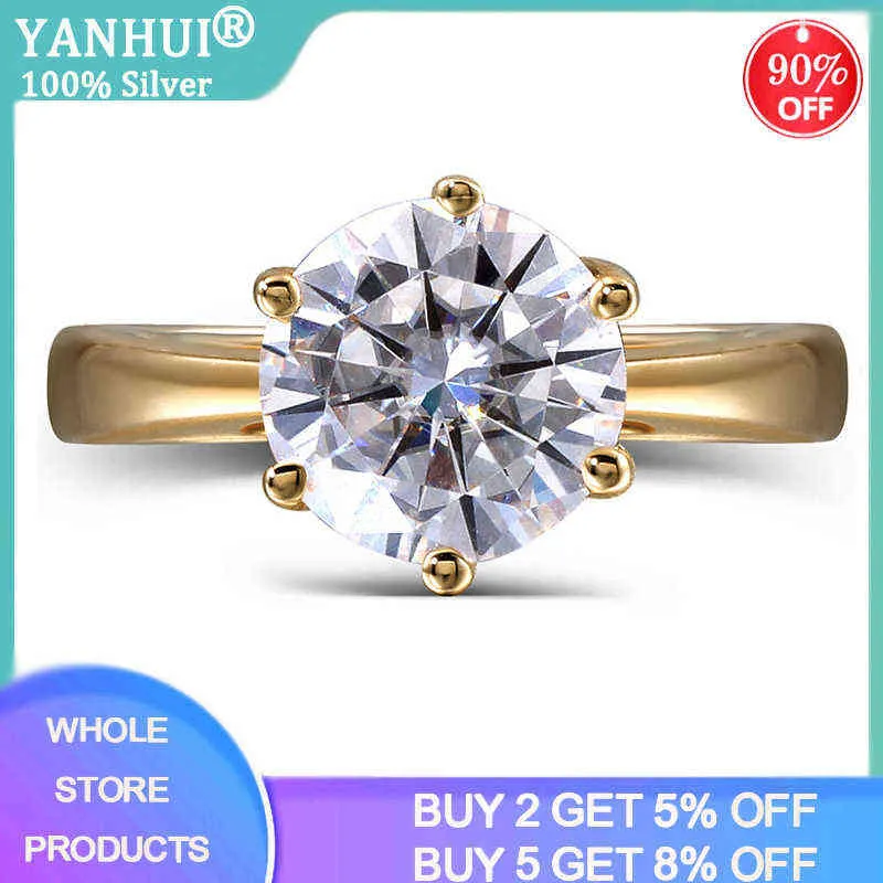Yanhui 925 Solid Silver 18K Guldfärg Ring Classic 2ct Zirconia Diamond Smycken Engagement Bröllop Mode s för kvinnor 211217