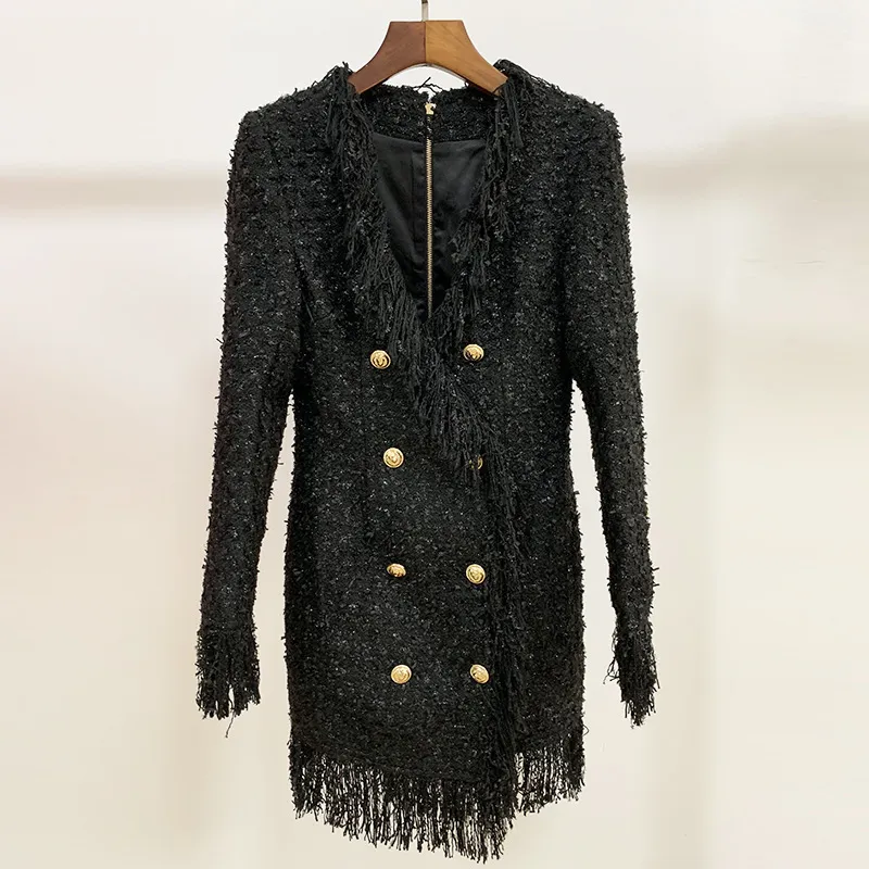 고품질 최신 디자이너 활주로 여성 긴 소매 금속 사자 단추 Fringed Tweed Tassel Dress 201204