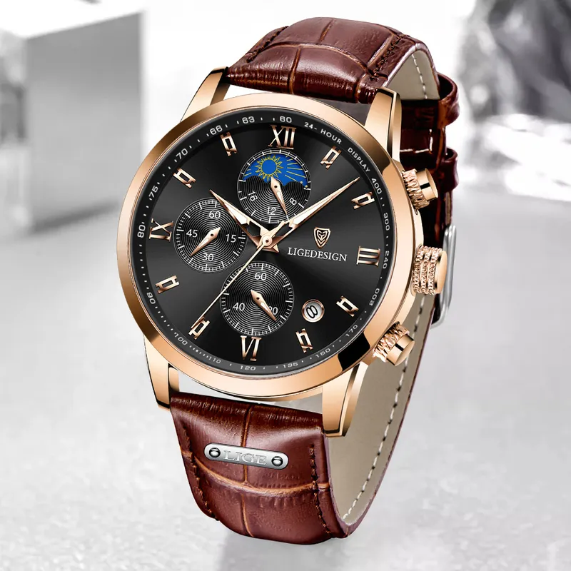 Lige Mens Watches Top Luxury Brand Waterproof Sport Wrist Watch Chronograph Quartz Militär äkta läder Relogio Masculino 2202247G