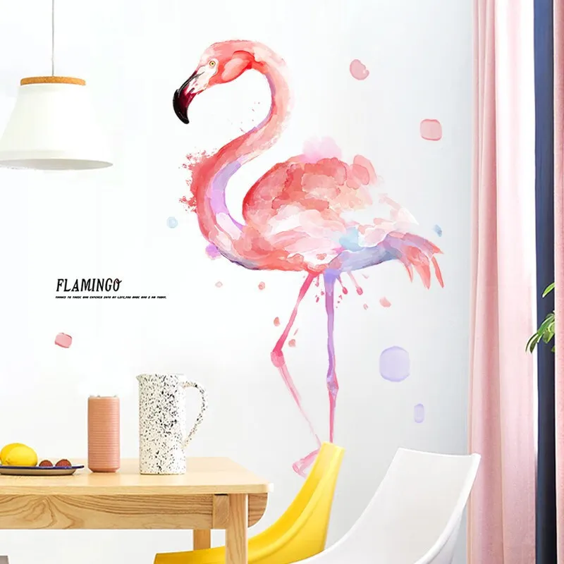 Karikatür Pembe Flamingo Duvar Sticker Çocuklar için Mürekkep Boyama Duvar Etiketleri Kreş Dekorasyonu PVC Duvar Çıkartmaları Yatak Odası T200601