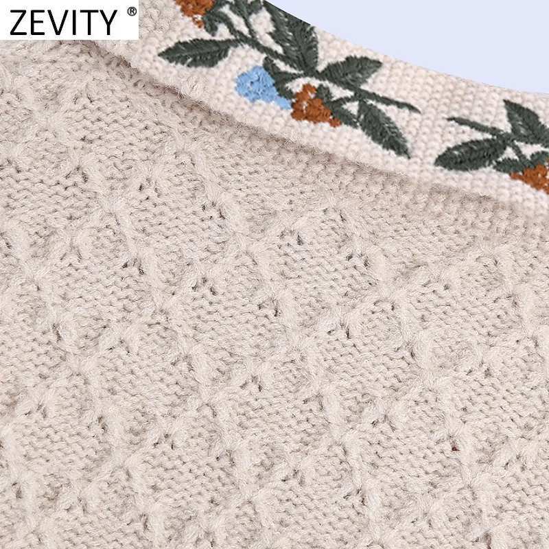 Zevity New Women Vintage Ambroidery Rown Twalr Carual Short Knitting Sweater Ladies Puff Sleeve Chic Pullovers Tops S519 210203