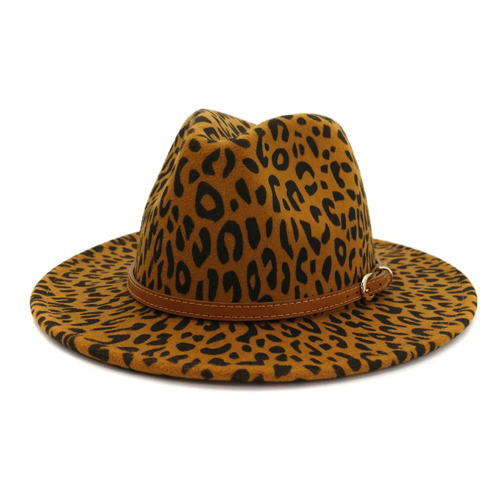 冬のヒョウ柄のフェドーラ帽子のためのファッションフラットワイドウール男性のためのジャズフェドーラハットヒョウゴストップヴィンテージウェド5529200