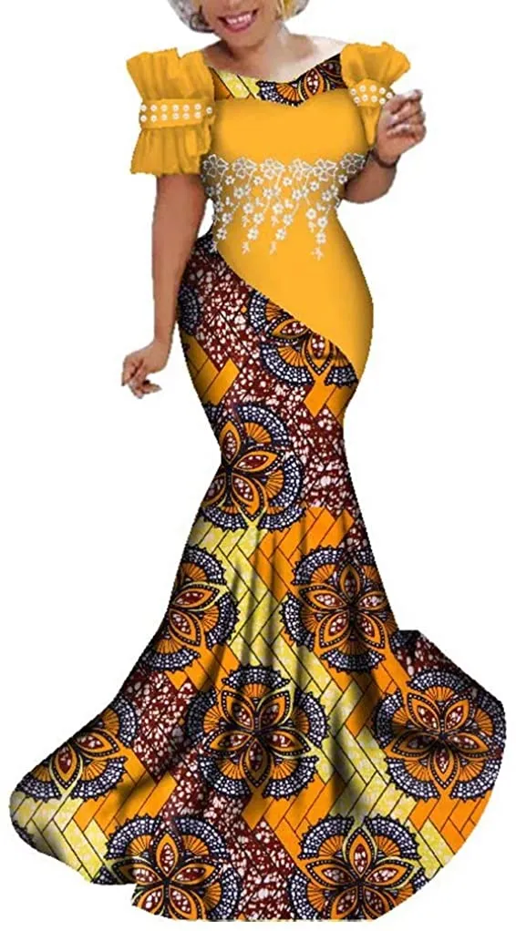 Abito africano alla moda Abito lungo da donna con stampa africana da festa con abito lungo da donna Bazin Riche in fiore di pizzo bianco perlato WY284