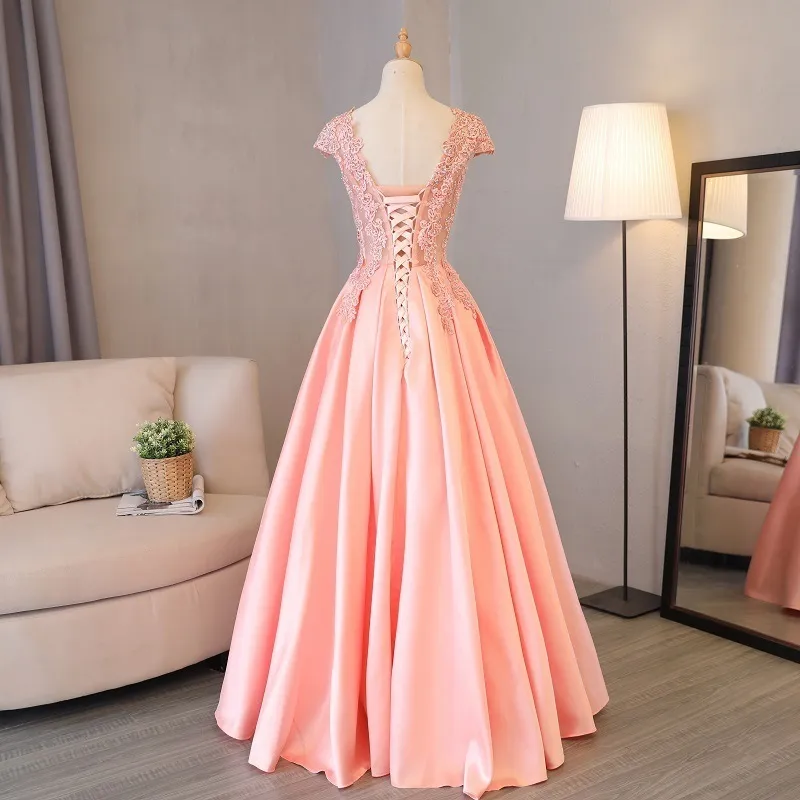 Beauty Emily Gorgeous Long Lace Appliques Pink Evening Dresses V Neck Sleeveless Pleated Prom Gown For Ceremony Party Dress 201114