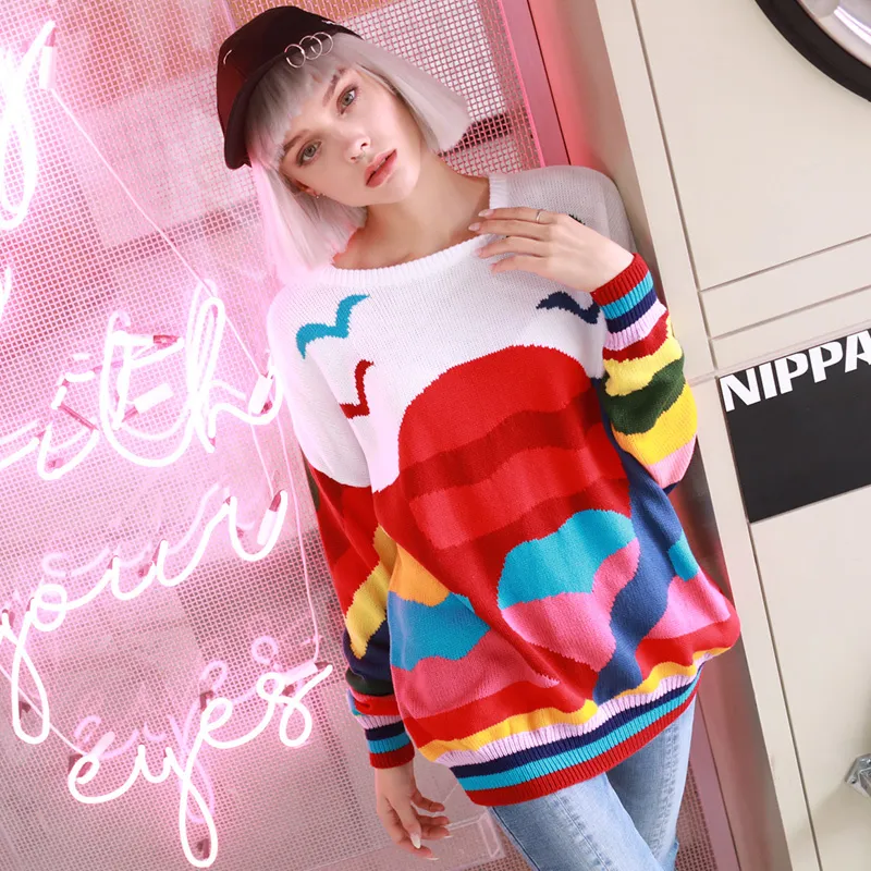 Kobiety Vintage ciepłe swetry Rainbow Striped Pullovers Zimowe wiosny dzianiny Retro luźne dzianiny Blusas C-078 201225