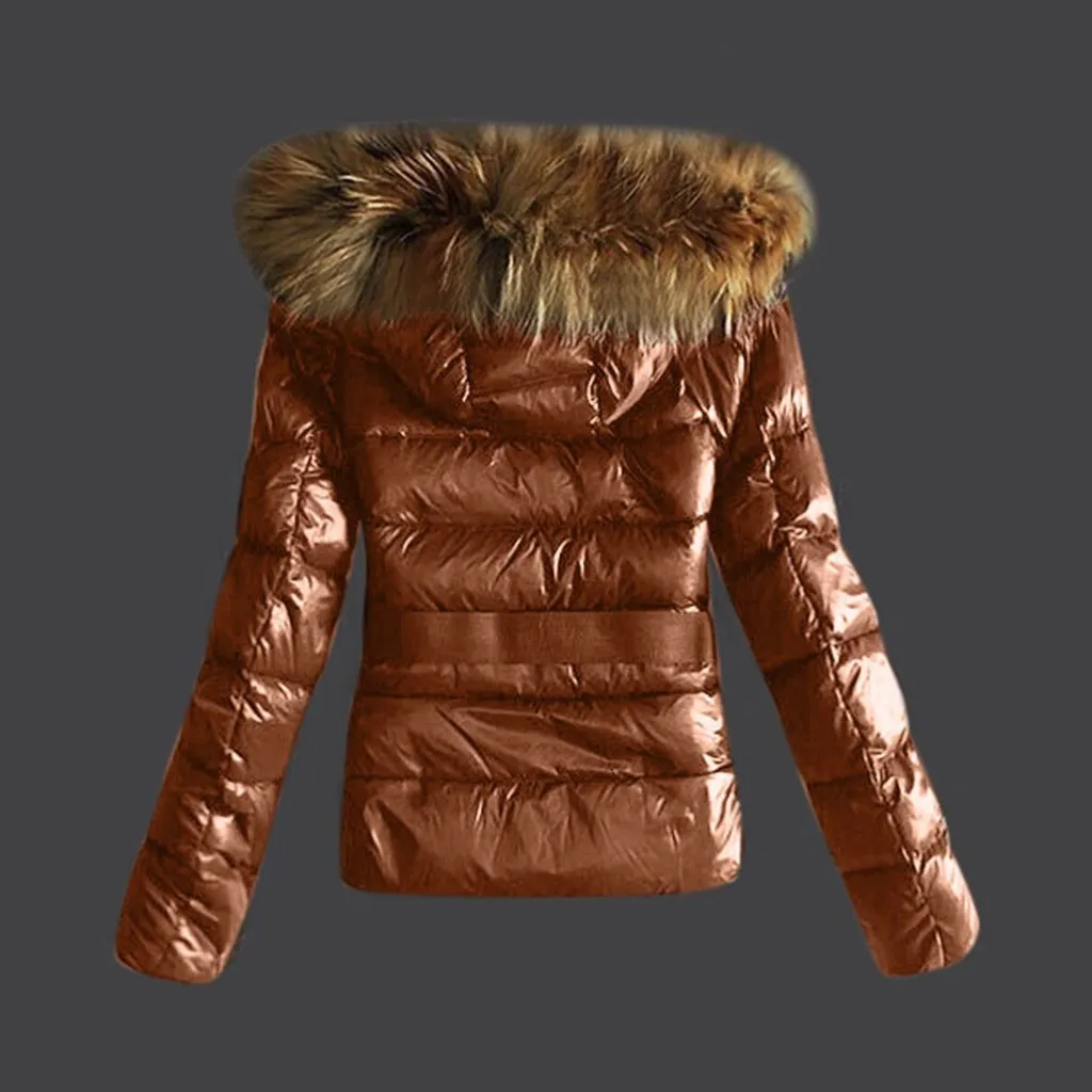 Femmes Veste de survêtement matelassée hiver manteaux chauds col de fourrure veste à capuche hauts avec ceinture mode doux Parka #30 201026