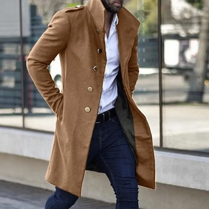 Men's Trench Coat Jacket Slim Solid Color Wild Standing Collar Single-Breasted Long Trench Jacket Casual Overcoat 201012