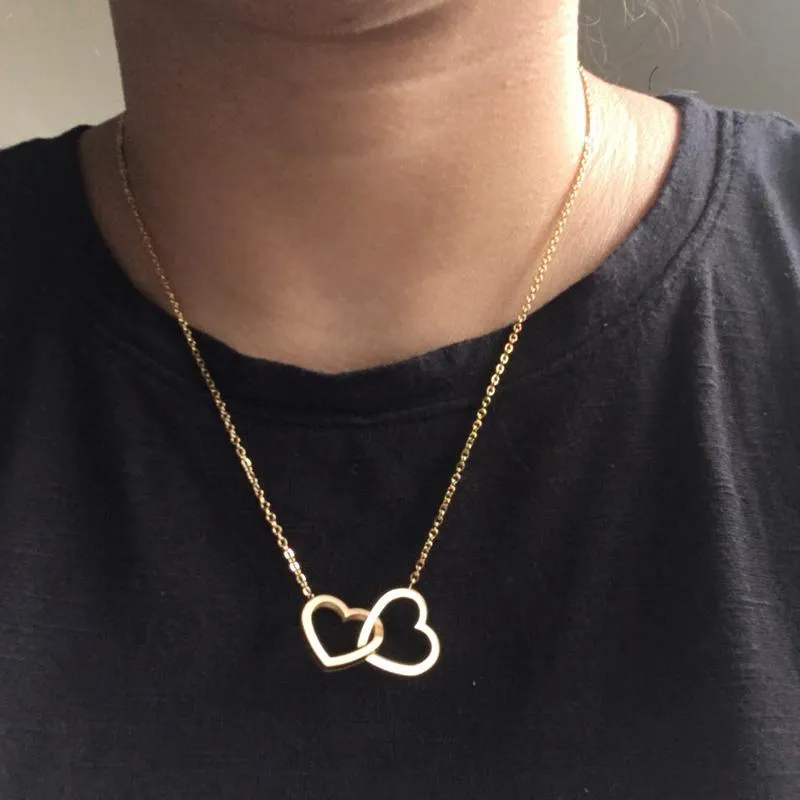 Hänge halsband dubbla hjärthängen för kvinnor älskar smycken gåvor rostfritt stål länk kedja bijoux femme collier choker2794