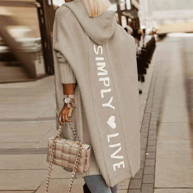 Autumn Winter Women Sweater Cardigan Fashion Letter Printed Hooded Sweater Coats Casual Long Sleeve Sticked Loose Overcoats 220124