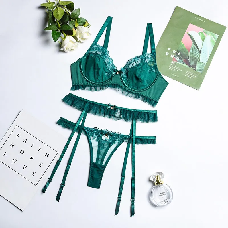 Women Lingerie Dark Green Floral Lace Embroidered Push Up Lingerie Set Sexy Bra and Sheer Cutout Lace Panties Three Piece Set345R