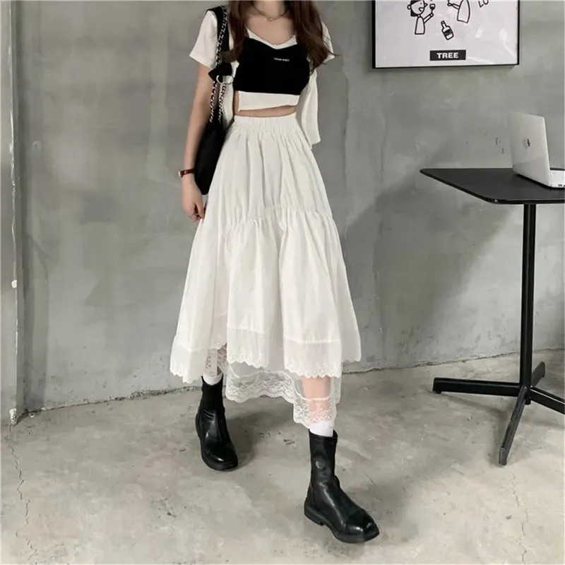 Black Gothic Lace Stitching Irregular Pleated Skirt Women White Vintage High Waist Long Korean Solid Hip Hop Streetwear 220224