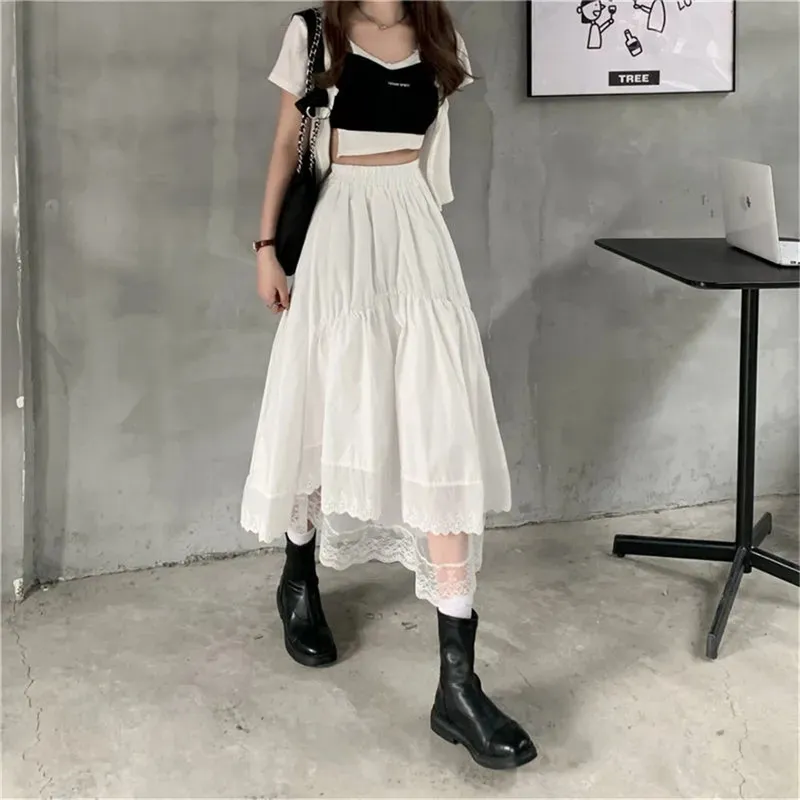 Svart gotisk spets sömnad oregelbunden veckad kjol kvinnor vit vintage hög midja lång koreansk solid hiphop streetwear 220224