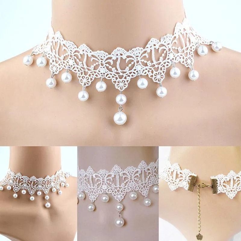 Chokers Elegant Vintage Imitation Pearl White Lace Statement Choker Halsband Brudsmycken för kvinnor Bröllop Fashion275T