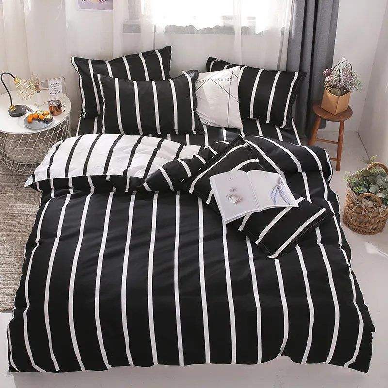 3/algodão preto e branco conjuntos de cama com capa de edredão folha de cama fronha bonito stripe cama rei rainha rei gêmeo completo 201211