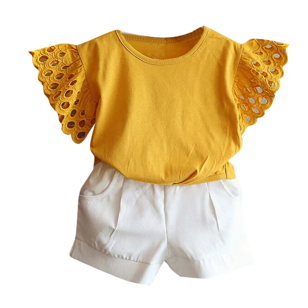 2 Stuks Peuter Kids Baby Meisje Outfit Kleding Holle Mouw T-shirt Korte Broek Set Y200829195u1442117