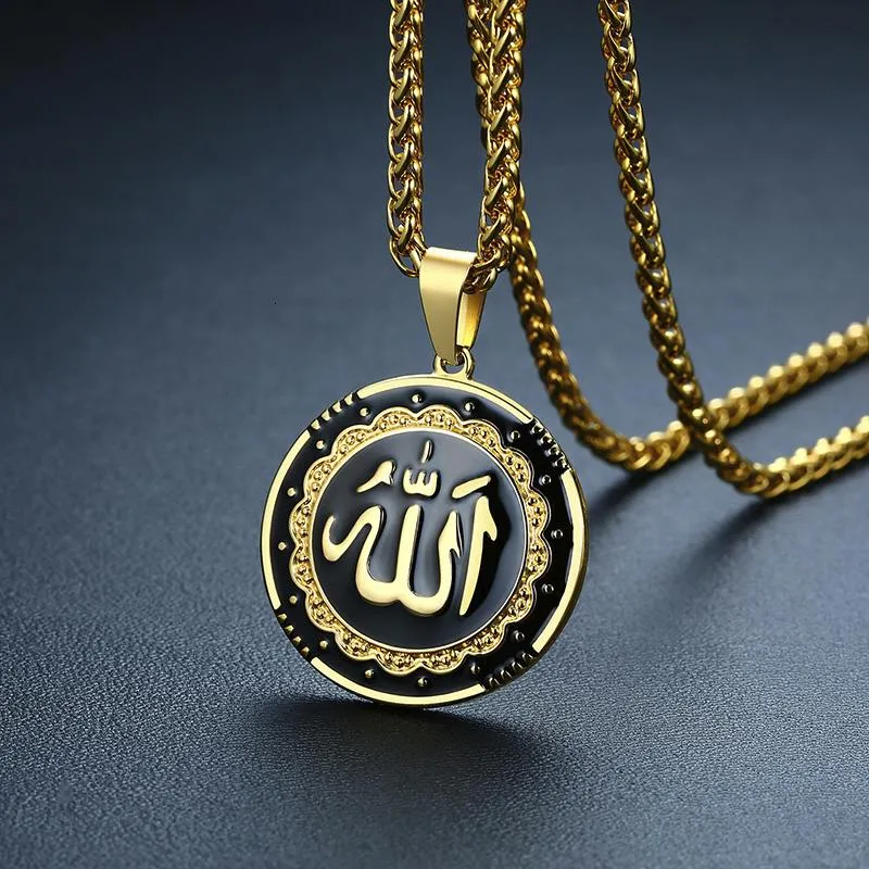 Roestvrijstalen kalligrafie schijf hanger heren ketting islamitisch Turks Arabisch Midden -Oosten moslimjuwelen 198K