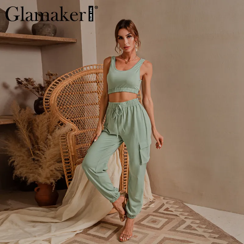 Glamaker Groene Mouwloze Fitness Pak Set Dames Crop Top en Pant Twee Stuk Set Casual Fashion Pocket Dames Herfst Tracksuit LJ201120