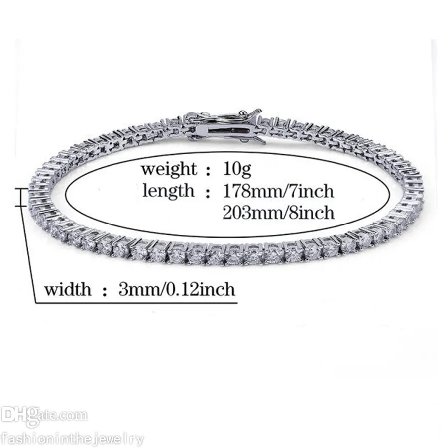 Tennisarmband Designer-Diamantarmbänder für Frauen Luxusschmuck Geschenk 3 4 5 6 mm 7 8 Zoll Mode Moissanit Weißgold Zirkon 195f