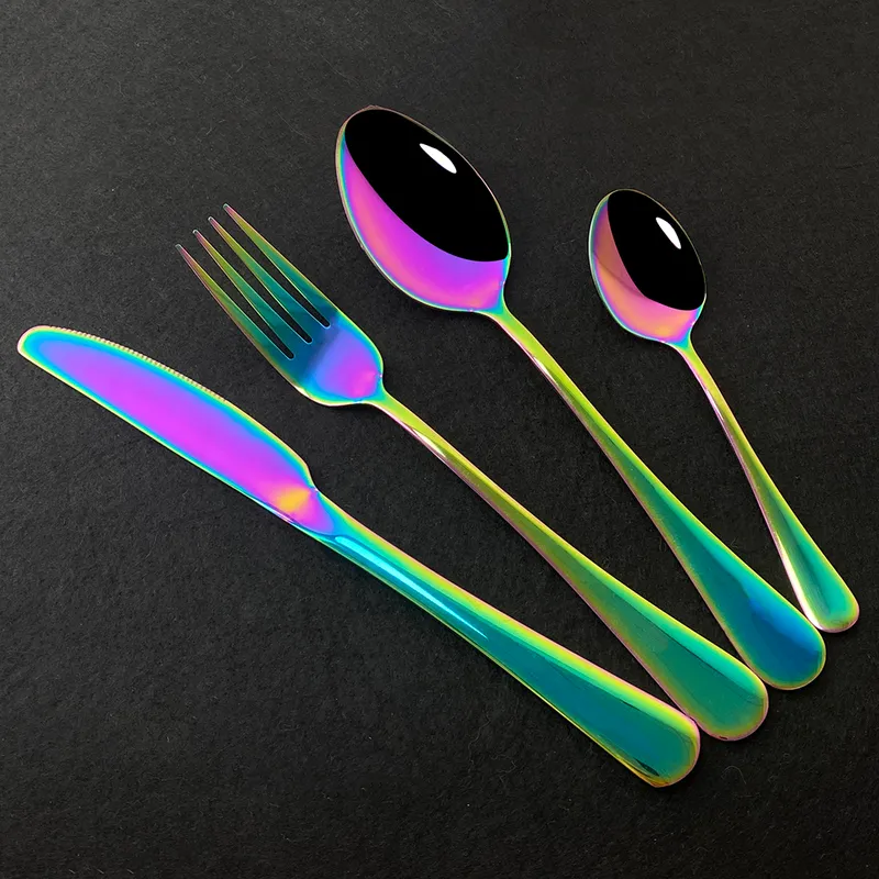 Black Mirror Dinnerware Set Stainless Steel Cutlery Fork Knife Spoon Tableware Flatware Silverware 220228