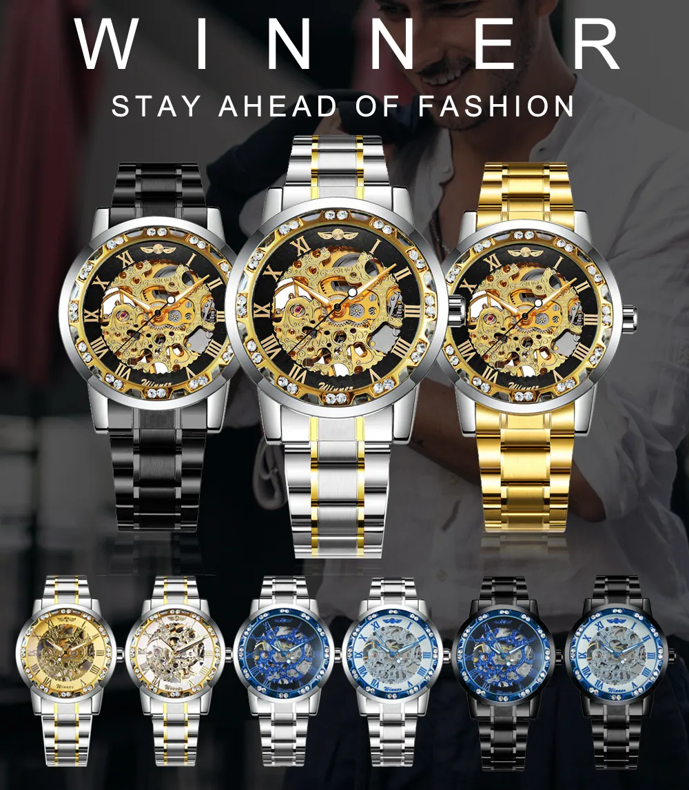 수상자 중공 기계 남성 시계 시계 최고 브랜드 럭셔리 아이스 아웃 크리스탈 패션 펑크 스틸 손목 시계를위한 2011132224U