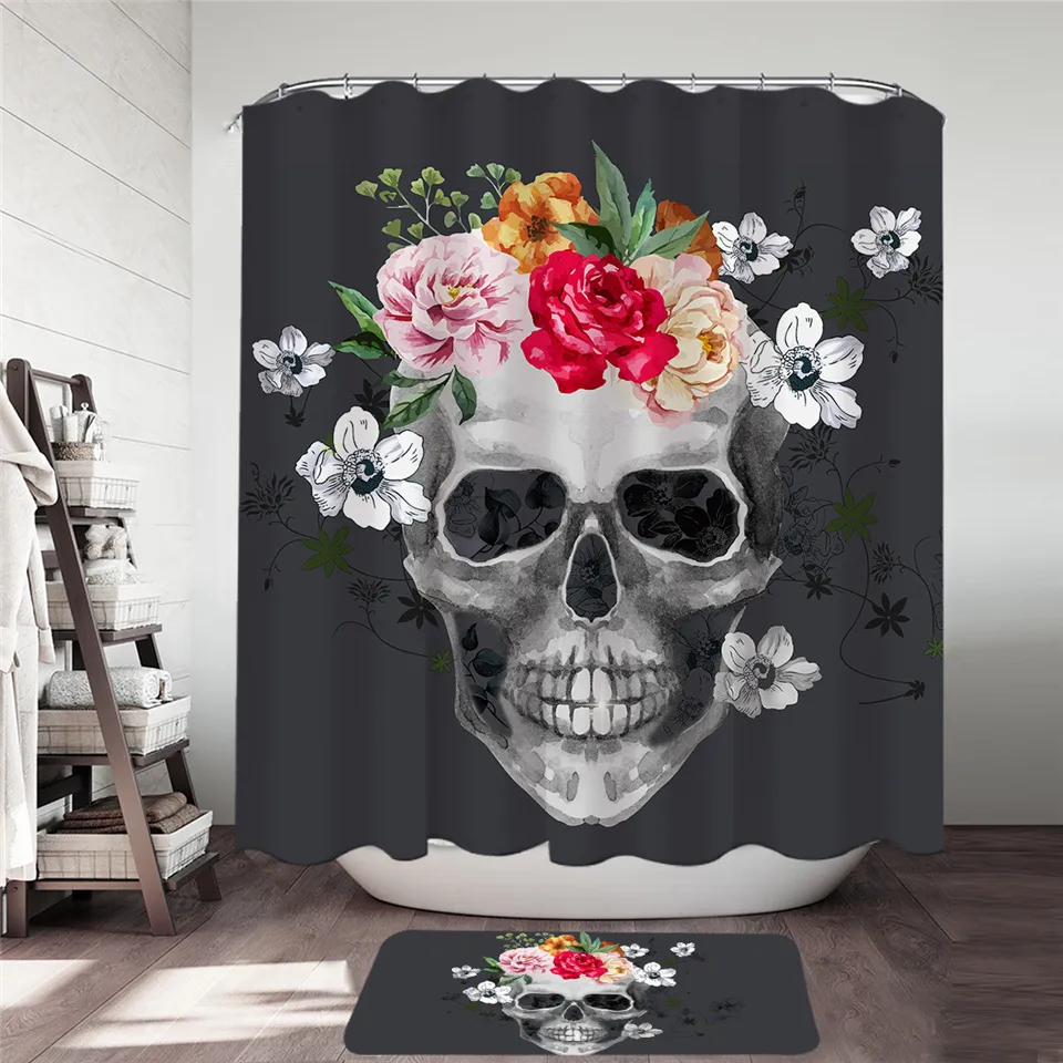 BeddingOutlet Sugar Skull Rideau de douche Ensemble Floral Salle de bain Rideau Fleurs Tapis de bain Tapis Ensemble gothique noir rideau de douche T200711