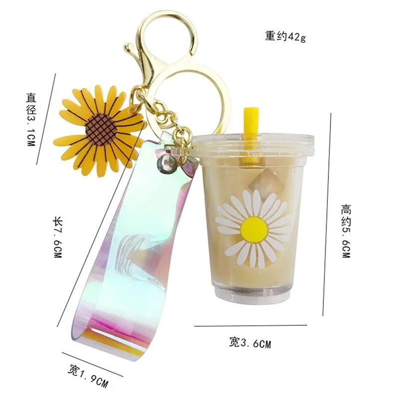 Yaratıcı mini alkolsüz içecek anahtar zinciri Daisy Süt Kupası Anahtarlık İçecek Kabarcığı Hareketli Sıvı Keyfob Takı Hediye1334s