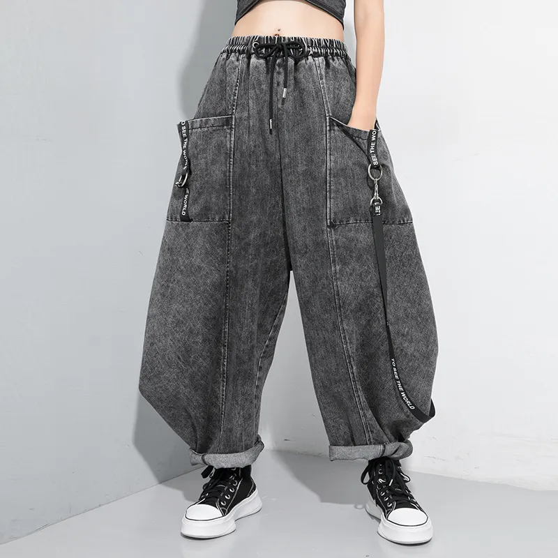 EAM Wide Been Black Big Size Ribbon Stitch Jeans Nieuwe High Taille Loose Trousers Fashion Spring Autumn 1D202 201109