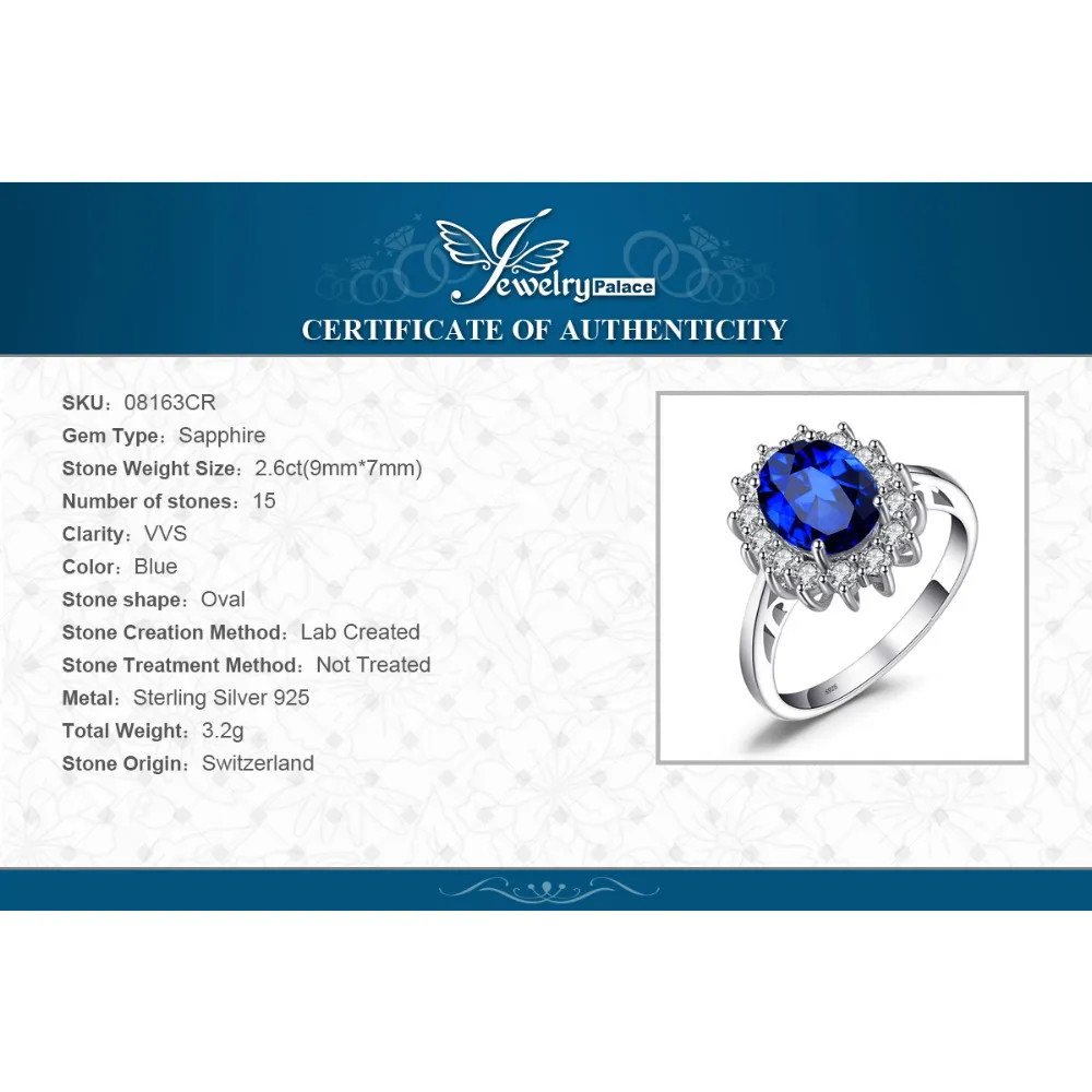 JewPalace Princess Diana Created Sapphire Ring 925 Sterling Silver Rings for Women Engagement Ring Silver 925 Gemstones Jewelry 20240H