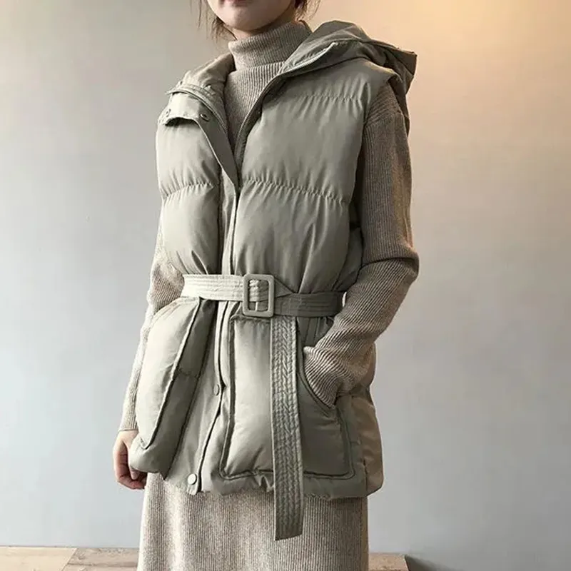 AZYT hiver à capuche sans manches veste femmes coupe-vent chaud vers le bas coton femmes gilet manteau décontracté épaissir gilet avec ceinture 201028