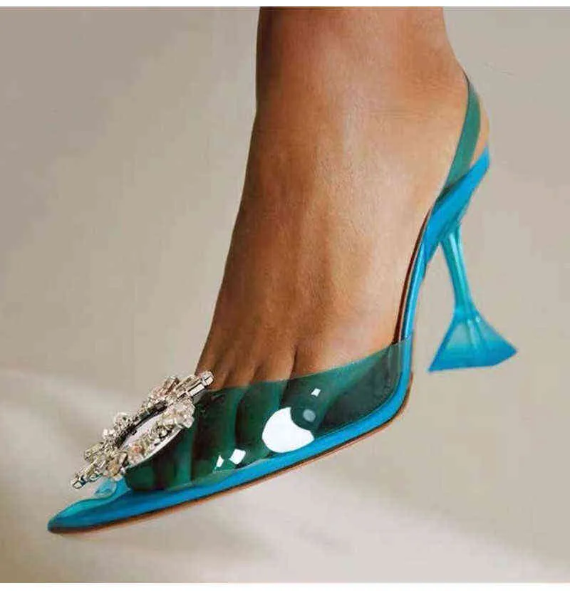 Big size 44 45 Women Pumps Elegant Pointed toe s High heels Wedding Shoes Crystal Clear heeled Slingback Sandals 211230