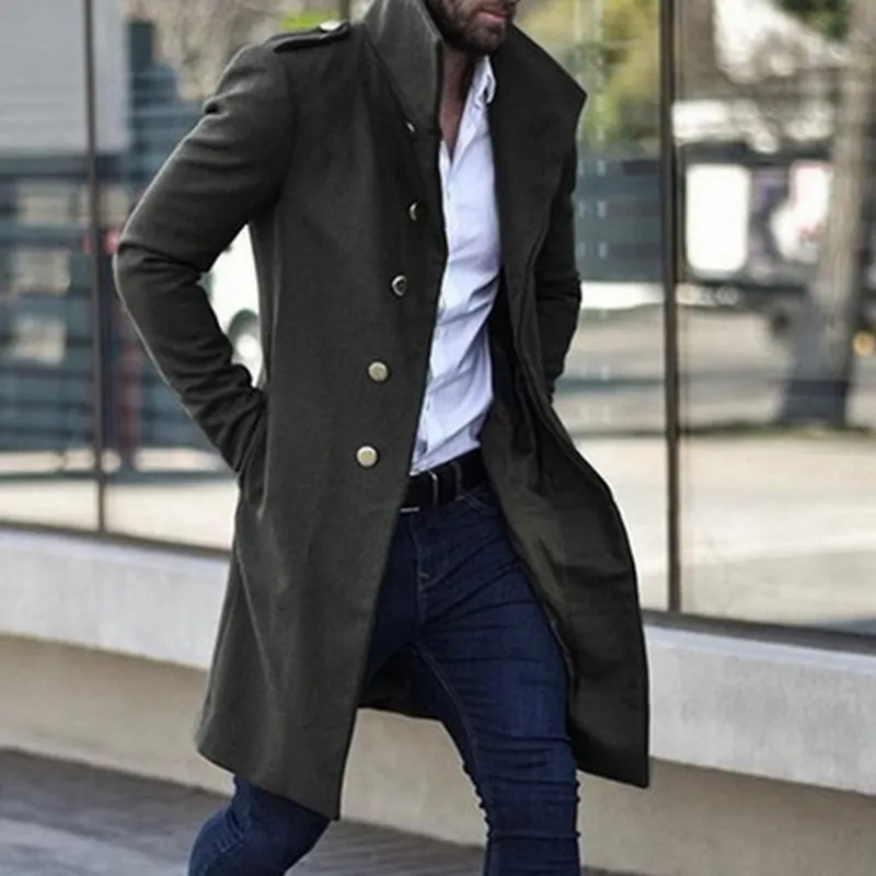 Men's Trench Coat Jacket Slim Solid Color Wild Standing Collar Single-Breasted Long Trench Jacket Casual Overcoat 201012228v