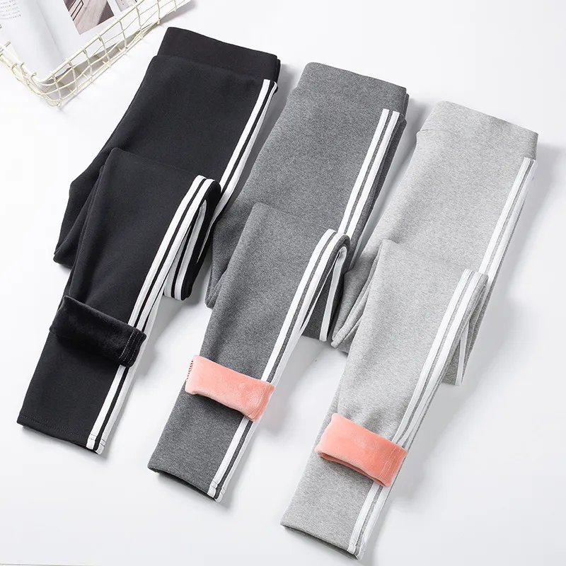 Mode Casual Coton Velours Leggings Femmes Automne Hiver Side Stripes Sporting Fitness Leggings Pantalon Chaud Épais Leggings 201031