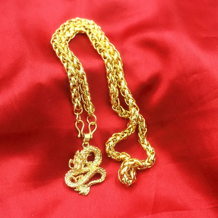 Wyolbrzymione długie łańcuchy 24K złoty naszyjnik dla mężczyzn biżuteria duży złoty naszyjnik Buddha chiński smok naszyjnik dla mężczyzn Y1222352