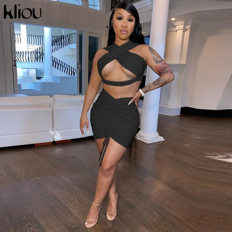 Kliou Solide Criss Cross Sexy Stretchy Zwei Stück Set Frauen Party Clubwear Crop Top + Kordelzug Gestapelt Bodycon Röcke Outfits 220302