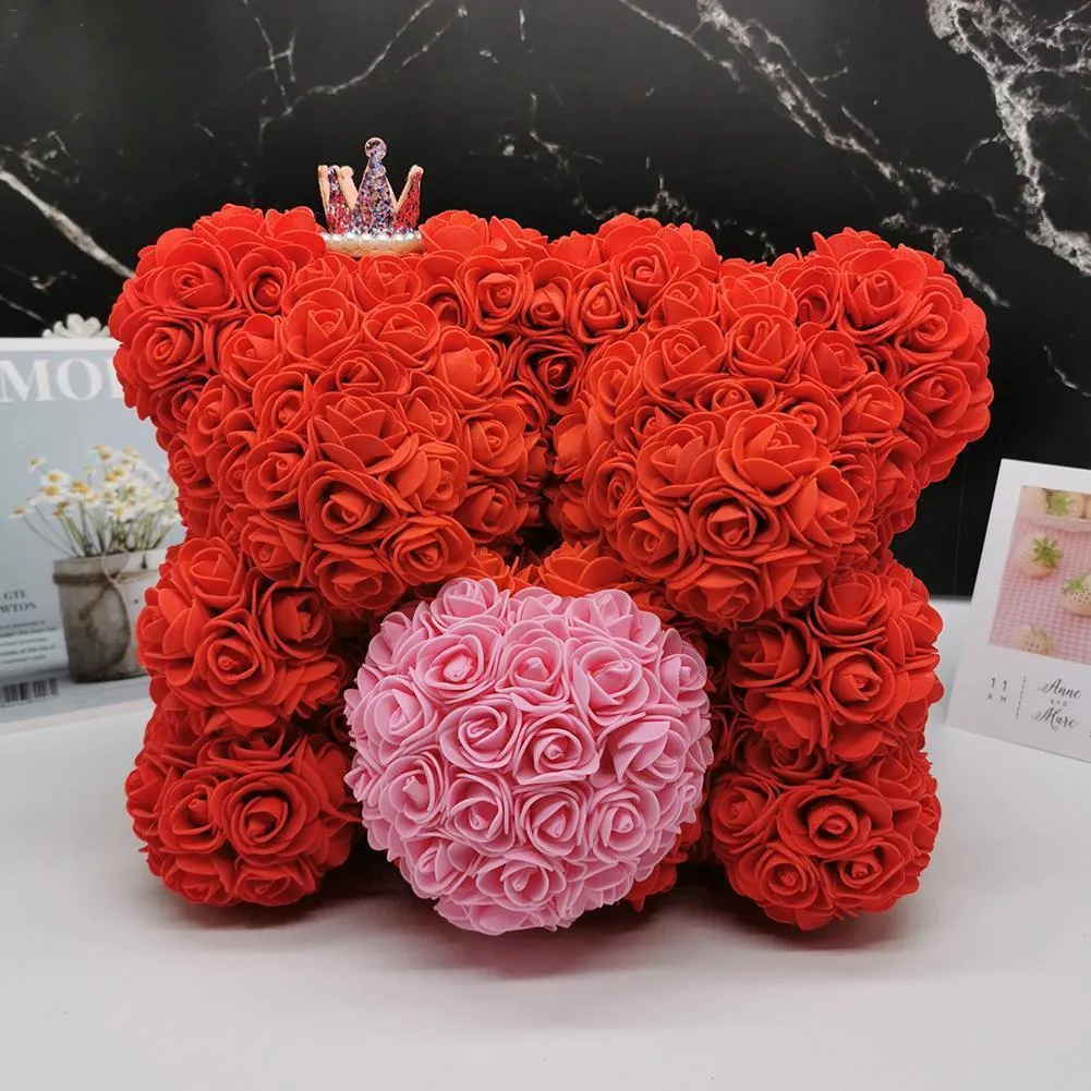 10 tum Rose Bear Heart Artificial Flower Rose Teddy Bear For Women New Valentine's Gift Birthday Party Wedding Dekorera T200524