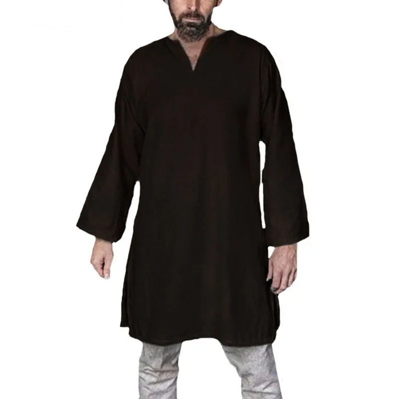 Długa koszula Mężczyzna średniowieczne wierzchołki męskie na zwykłym t-shircie gładki T-shirt ponadwymiarowy retro vintage Tunik Kostium Knight Top 201202255r